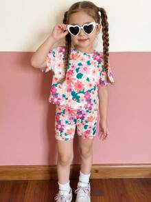 SHEIN 2pcs/Set Young Girl Floral Print Round Neck Short Sleeve T-Shirt And Shorts, Holiday Matching Set - Multicolor - View 6