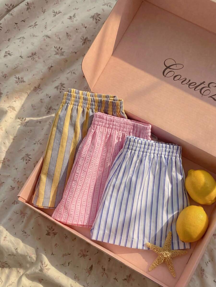 CovetEZ Women's Casual Elastic Waist Striped Loose Shorts - Multicolor - View 1
