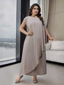 Modelyn Plus Size Women Elegant Poncho Sleeve Rhinestone & Faux Pearl Decor Irregular Hem Long Top And Pleated Skirt 2 Piece Set - Khaki - View 6
