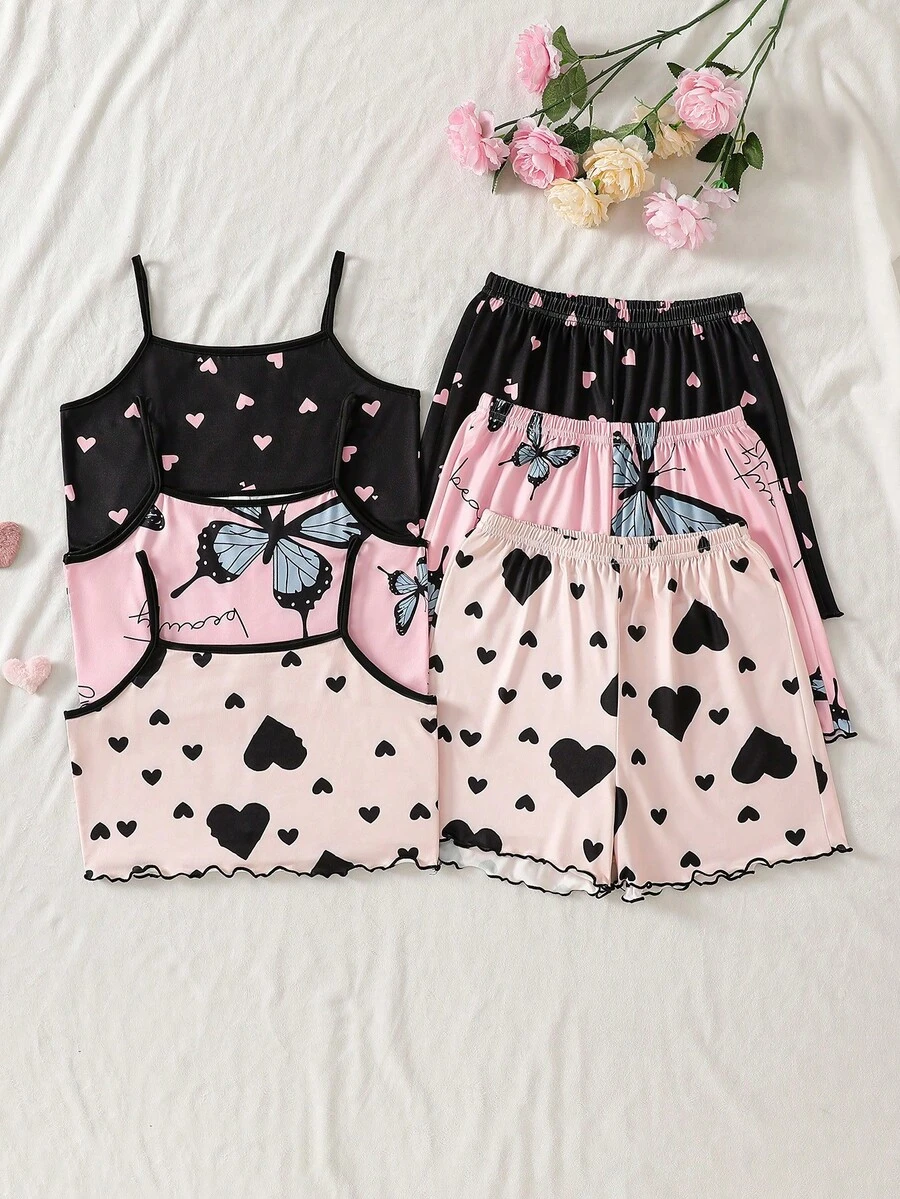 Elladie kids 6件套少女优雅夏季家居服,包括方领无袖吊带背心和配套短裤,采用轻盈休闲的睡衣面料,甜美的粉色、黑色、象牙色和浅蓝色,饰有可爱的卡通爱心、樱桃蝴蝶结图案印花,由光滑柔软的针织面料制成,穿着舒适。 - 彩色 - 查看 1