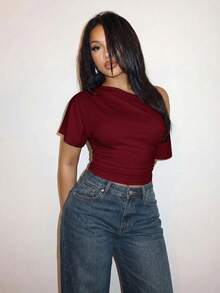 Slaydiva 春夏度假海滨优雅浪漫性感派对约会生日派对休闲优雅露肩宽松腰部褶皱白色T恤上衣 - A - 酒紅色 - 查看 3