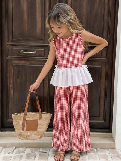 SHEIN Set de 2 piezas para niñas (talla grande) con camisa sin mangas con botones de lazo y parche de cuadros + pantalones largos, para primavera/verano