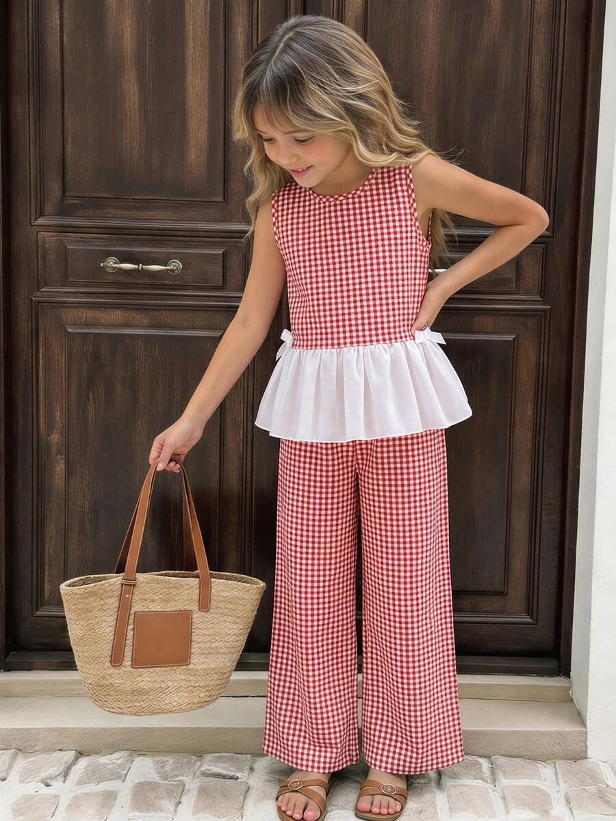 SHEIN 2pcs/Set Tween Girls Sleeveless Shirt With Bow Buttons & Plaid Patchwork + Long Pants, Spring/Summer - Red - View 1