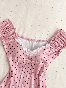 Elamini Áo thun nữ in hình trái tim viền ren - Hồng - Xem 1