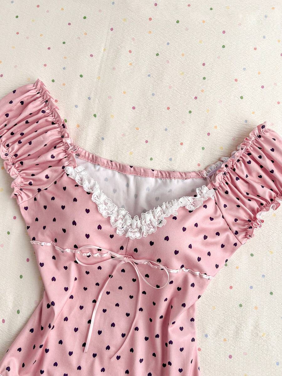 Elamini Áo thun nữ in hình trái tim viền ren - Hồng - Xem 1