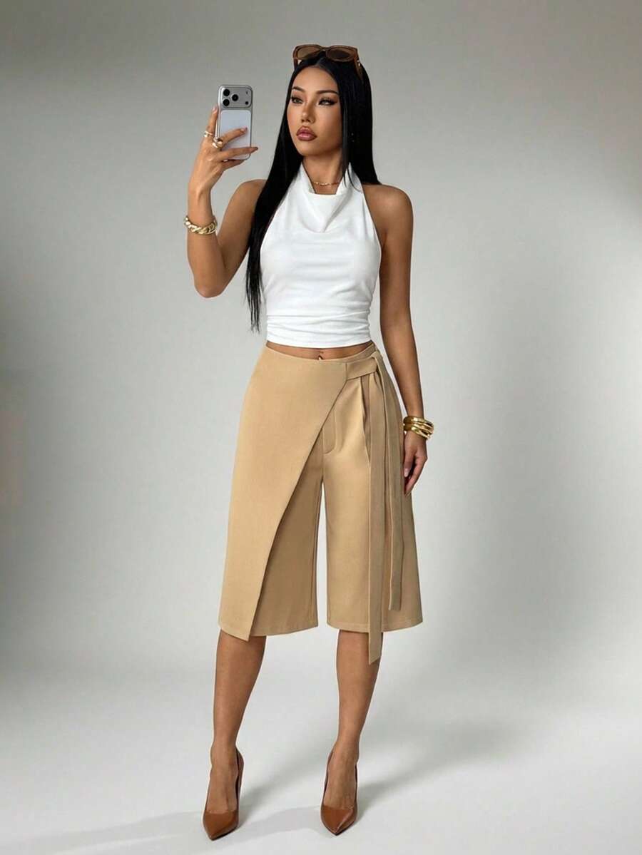 SHEIN PETITE 女士性感休闲纯色修身裹身阔腿裤百慕大短裤，带系带细节