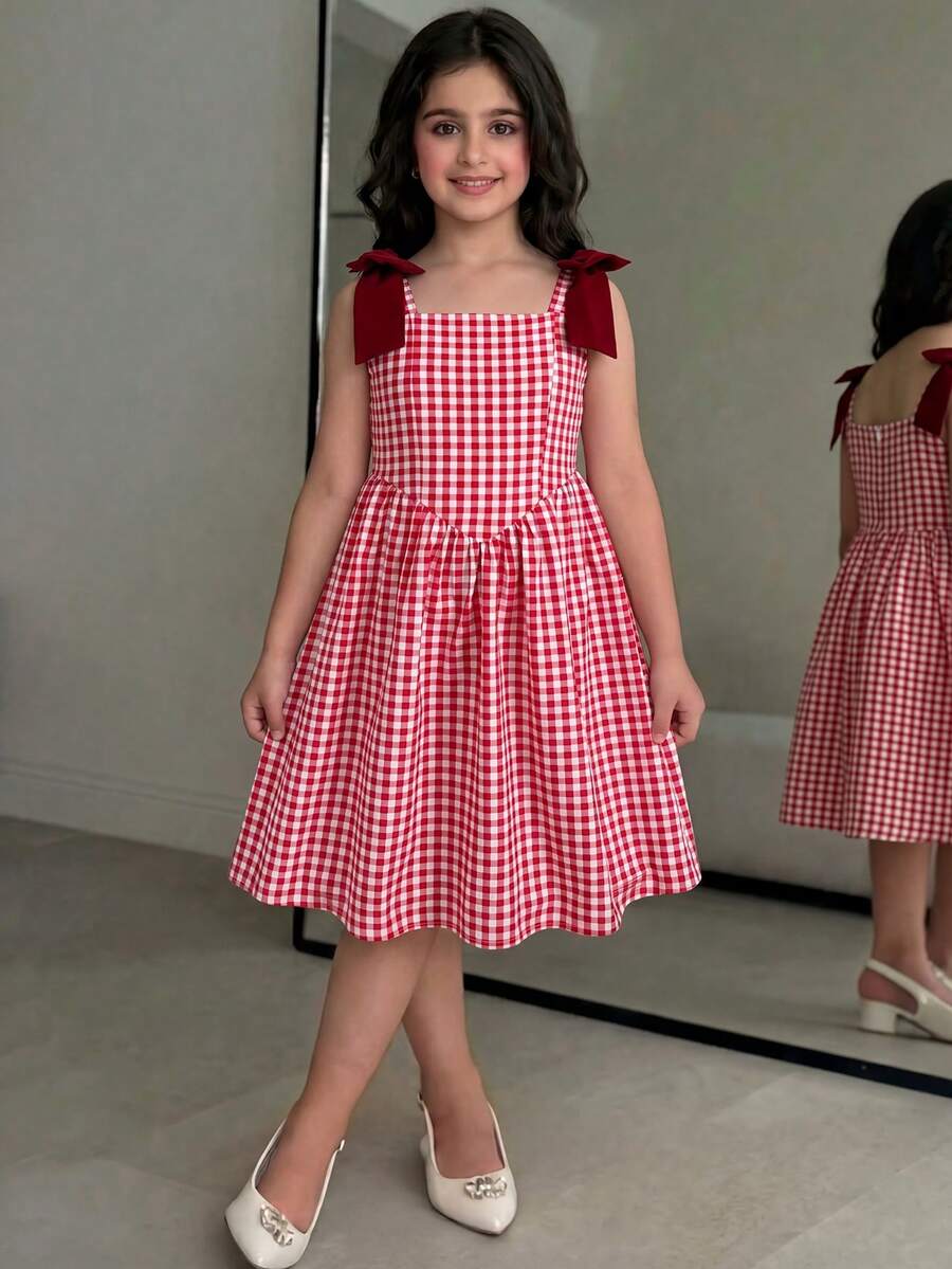 Đầm không tay cổ tròn kẻ caro cho bé gái tuổi teen, có nơ rời. - Nhiều màu - Xem 1