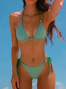 Swim Mod Women's Summer Beach Plaid Halter Tie Sexy Bikini And Triangle Panty Swimsuit Set Bikinis Set For Women Women's Bikini Sets Bikini Set For Women Green Gingham Bikini - Multicolor - View 1