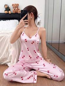 Napfluff 女士仿丝条纹爱心印花吊带背心和裤子睡衣套装 - 彩色 - 查看 3