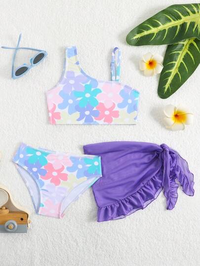 少女彩色花卉印花不对称肩部休闲夏季比基尼套装