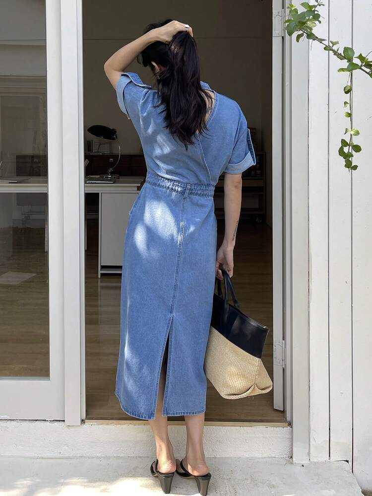 Women's Casual Denim Dress With Pockets And Lapel Collar, Summer