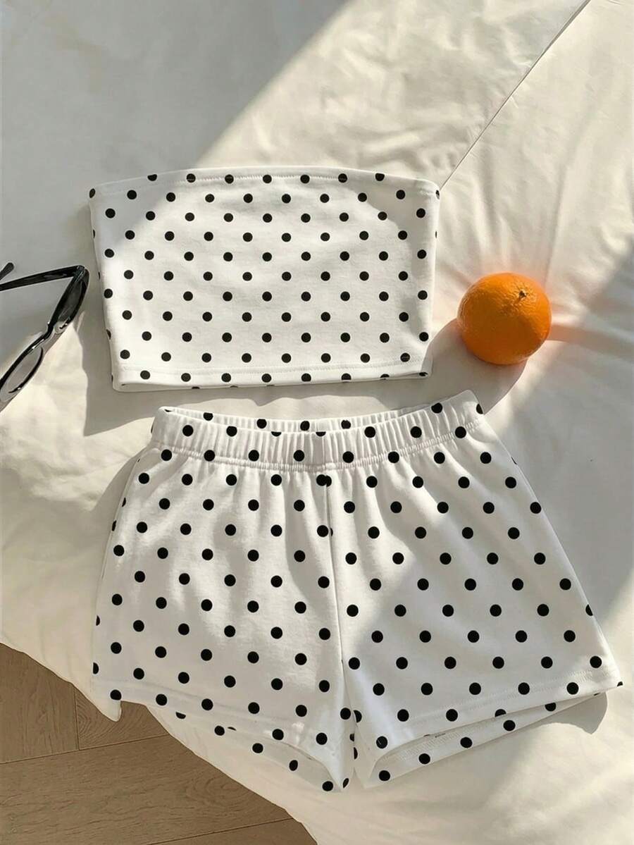 SHEIN Comfortcana 女士波点印花抹胸上衣和松紧腰短裤两件套，适合外出、街头风、时尚、海滩度假、婚礼派对、返校季、Y2K风格。 - 彩色 - 查看 1