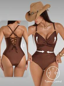 Shapewave Women's Solid Color Ruched Lace-Up One-Piece Swimsuit Holiday Beach Vacation Vacation Holiday Coffee Brown Summer Modest Tropical Elegance - Brown - View 3