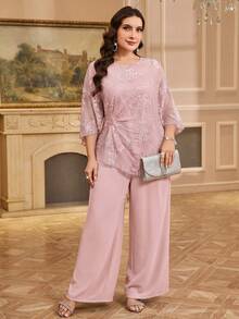 Reflora Plus Size Elegant Solid Color Lace Blouse And Pants 2 Pieces Set - Baby Pink - View 7