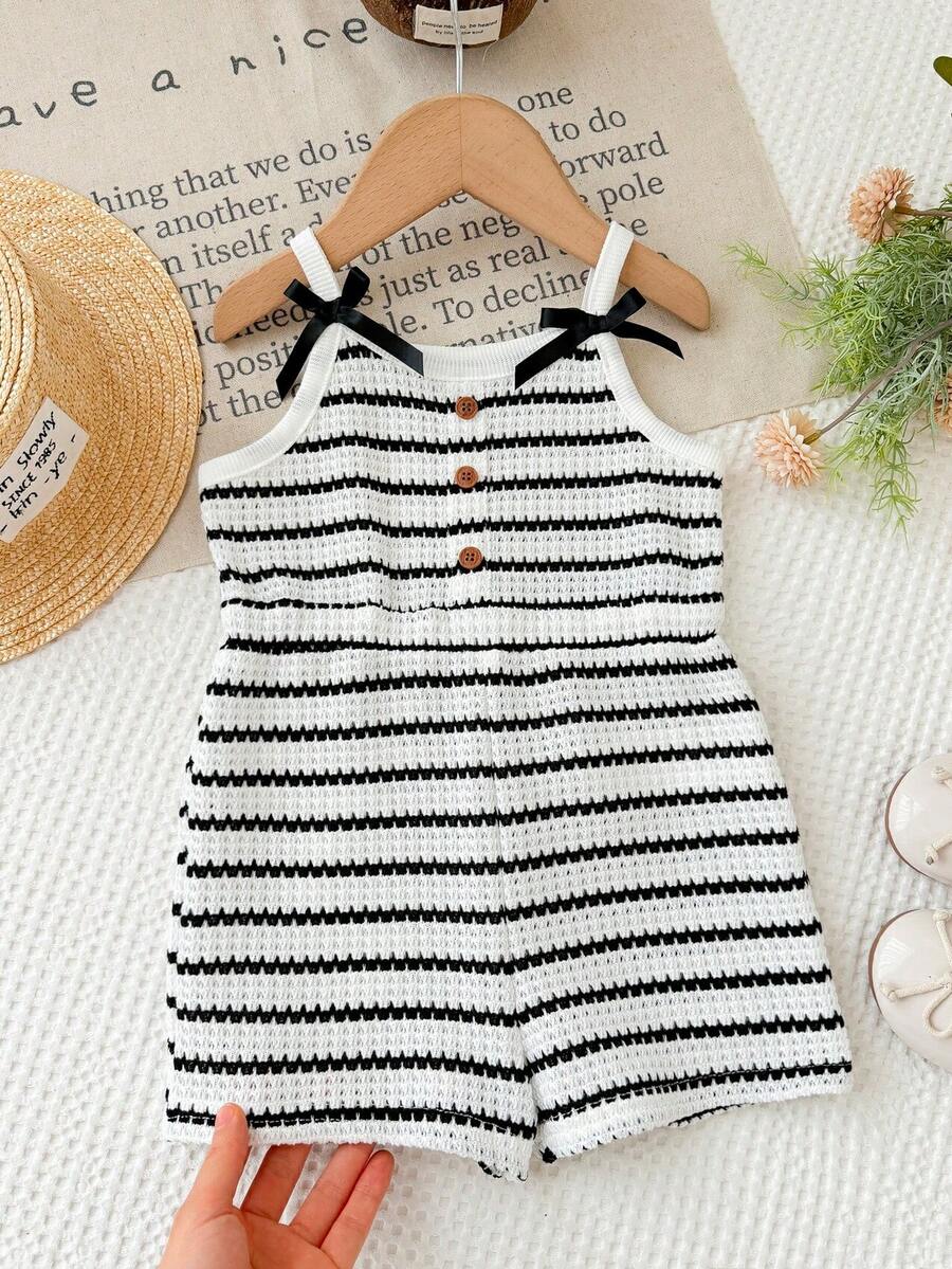 SHEIN Baby Girl Striped Pattern Knit Soft Strap Romper Shorts - Multicolor - View 1