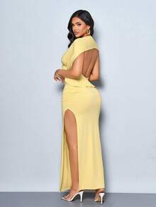 SOLERSUN 女士夏季时尚休闲露背性感短款上衣搭配高开衩褶皱半裙两件套，黄色套装，度假套装，露背针织套装，外出服，度假服，海滩度假服 - 黃色 - 查看 2