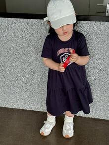 DAZY 女嬰圓領休閒短袖荷葉邊飾英文字印花短洋裝 夏季幼兒 - 藍色 - 查看 3