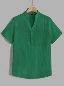 HIMLAND Camisa holgada de hombre de medio botón unicolor - Verde - Ver 1