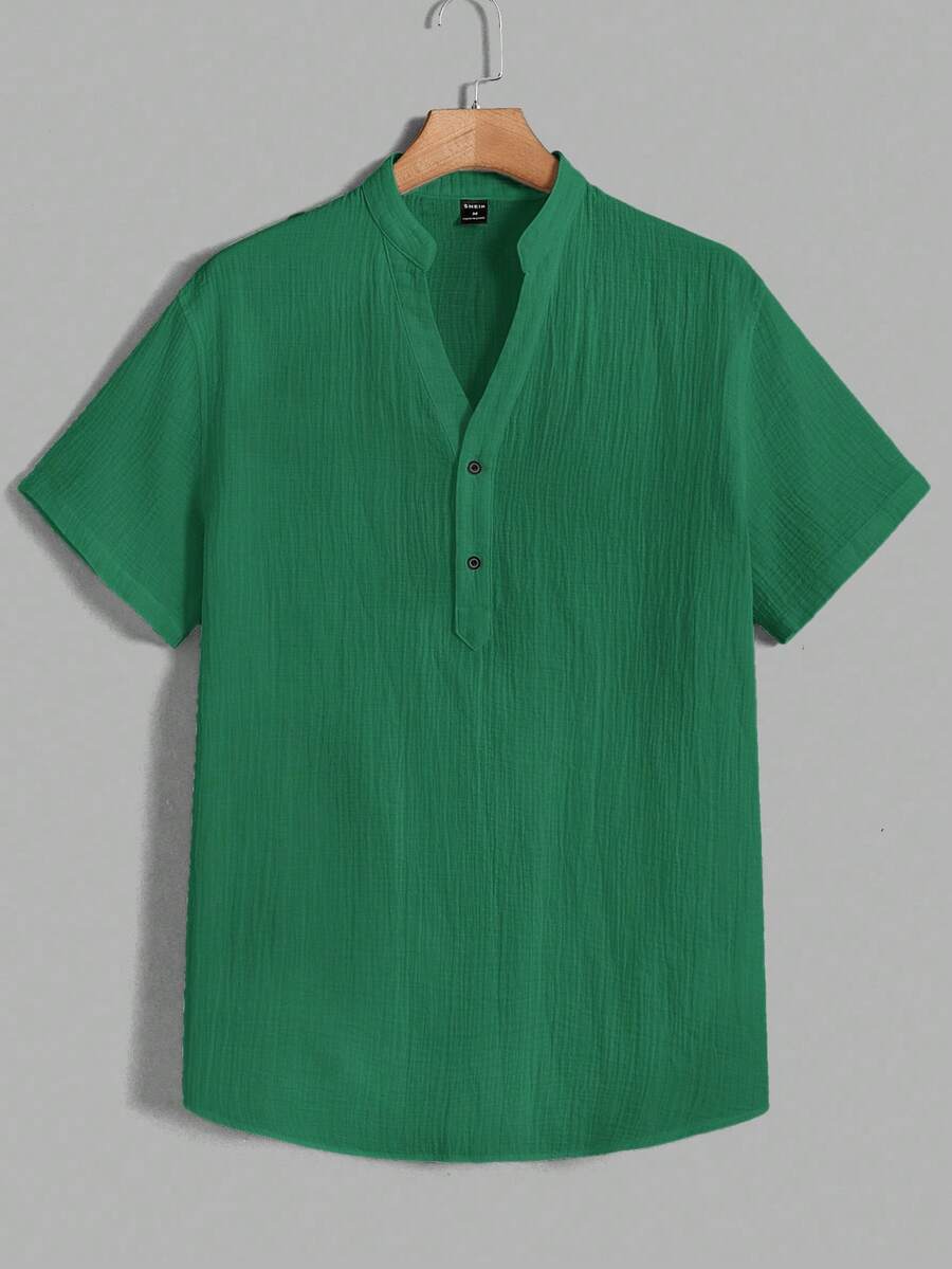 HIMLAND Camisa holgada de hombre de medio botón unicolor - Verde - Ver 1