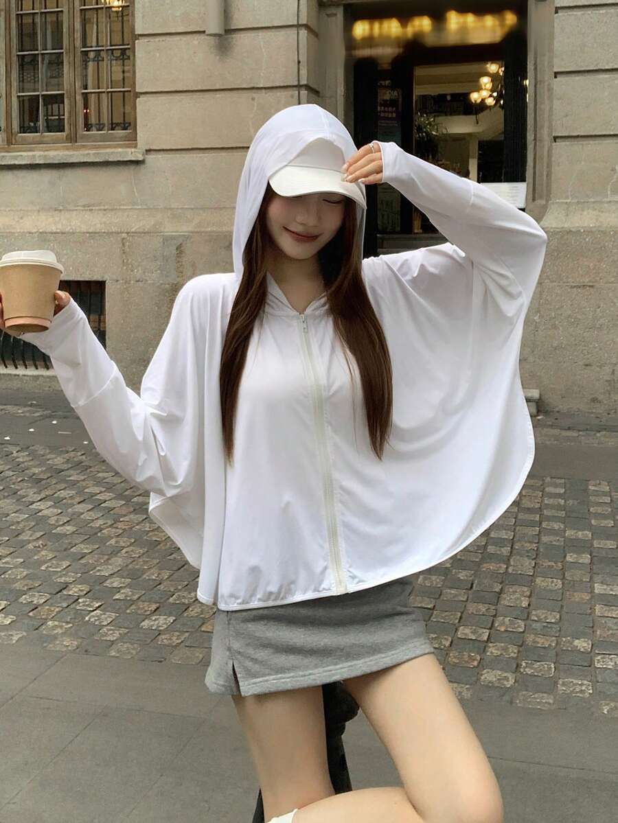 女士休闲连帽宽松轻薄长袖外套，适合春、夏、秋季穿着，甜美文艺风，时尚度假沙滩外套 - 白色 - 查看 1