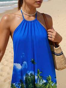 Swim Vcay Tropical Print Halter Backless A-Line Dress, Elegant Beach Vacation Casual Dress Party - Royal Blue - View 5
