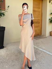 优雅纯色不对称连衣裙，适合通勤和夏季穿着 - 杏色 - 查看 7