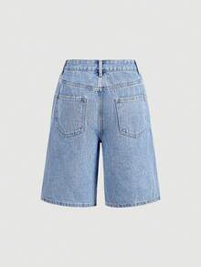 Sweetra Bộ đồ nữ phong cách retro tối giản gồm áo vest cài nút và quần short denim có túi khóa kéo. - Rửa nhẹ - Xem 6