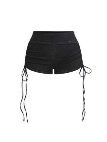 ROMWE Shorts cortos súper ajustados de mezclilla elástica y sexy de color negro para tallas grandes - Negro - Ver 1