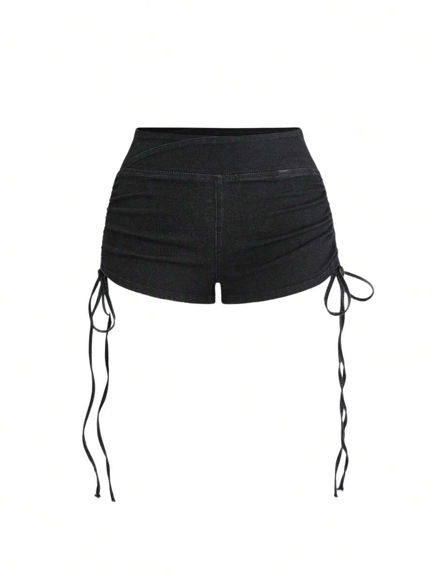 ROMWE Shorts cortos súper ajustados de mezclilla elástica y sexy de color negro para tallas grandes - Negro - Ver 1