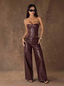 SHEIN PETITE Áo croptop quây ngực bằng da PU màu nâu thời trang gợi cảm dành cho nữ, áo corset da, áo màu nâu, áo đi chơi đêm, áo đi club, áo corset nâu, áo dự tiệc, áo da, áo mùa hè, áo quây ngực, áo Halloween, áo Giáng sinh, áo năm mới - Màu Đỏ Sâu - Xem 6