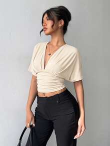 Aloruh Áo thun dệt kim tay cánh dơi cổ chữ V màu mơ, áo thun trơn dành cho người đi làm. - Màu be - Xem 7