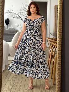 Ceyna Plus Size Colorful Print Casual Boho Vacation Multi-Tier Ruffle Hem Dress Latest Style For Women French Pure Cotton Navy Blue Summer - Multicolor - View 5