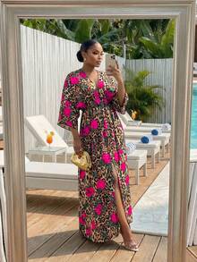 SHEIN Lady CURVE Đầm nghỉ mát xẻ tà họa tiết da báo và hoa dành cho nữ cỡ lớn - Nhiều màu - Xem 6