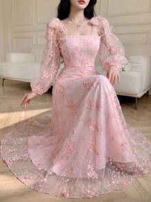 Modelyn Women's French Style Sweet & Ethereal Pink Mesh Tie-Up Dress,Pink Floral,Summer,Elegant,Tea Party Luxury Lace Rococo Vintage Gown - Pink - View 9