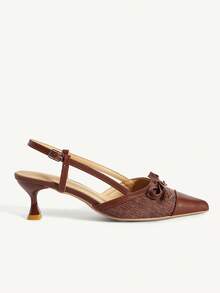 CUCCOO CHICEST Women Shoes Retro Brown Leather Splicing Empty High Heels Bow Buckle Pointed Low Heel Commuter Shoes - Brown - View 8