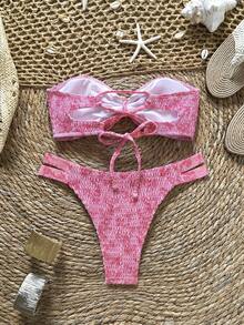 Swim Mod Conjunto de traje de baño para mujer con estampado floral y de hojas, verde, de ganchillo, lindo, elegante, retro y casual para playa y vacaciones - Rosa - Ver 4