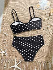 SHEIN Fashion Two-Piece Swimsuit Set For Big Girls, Black With White Polka Dots & Golden Starfish Decoration On Chest, Triangle Swim Bottoms, Summer Swimwea - Black and White - View 3
