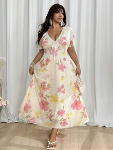 SHEIN EZwear 印花网纱蕾丝拼接加大码V领连衣裙 - 彩色 - 查看 7