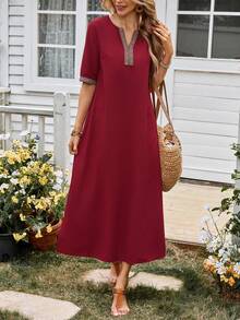 Rusticease Plus Size Women Burgundy Boho Summer Embroidered Minimalist Versatile Dress,Suitable For Vacation,Dates,Beach,Festival & Casual Mothers Day Outfits - Burgundy - View 9