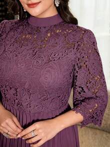 Modelyn Vestido casual de línea A plisado con bordado de unicolor para mujer de talla grande - Rojo violeta - Ver 3