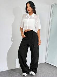 SHEIN EZwear 大码女式夏季休闲纯色透明短款衬衫上衣 - 白色 - 查看 5