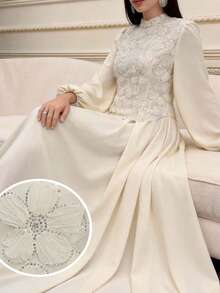 Modelyn Đầm midi cỡ lớn thanh lịch đính sequin thêu họa tiết, thắt eo - Màu be - Xem 3