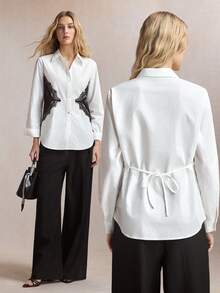 Camisa de manga larga para mujer con botones en los hombros, estilo clásico vintage de los 90, romántica, adecuada para ir al trabajo, oficina, uso diario casual, - Blanco y Negro - Ver 6