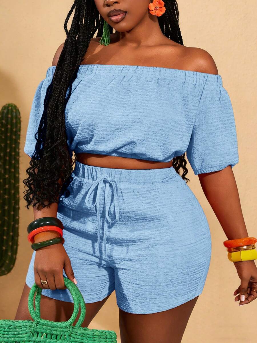Slaydiva Conjunto de 2 peças Primavera/Verão Novo - Casual e Passeio e Férias e Passeio Diário e Festa e Encontro e Festival de Música e Jantar e Festa e Casual e Praia e Resort - Top Cropped de Manga Curta Ombro à Mostra Laranja Sólido Dopamina e Shorts Soltos com Bolso, Tecido de Textura de Malha, Plus Size - Azul petróleo - Visão 1