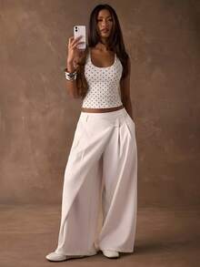 SHEIN BAE Women's White With Black Polka Dots Tank Top,Fitted Round Neck Stretchy Basic Cami,Summer Casual Vacation Fashion Street Style Elegant All-Season - Multicolor - View 4