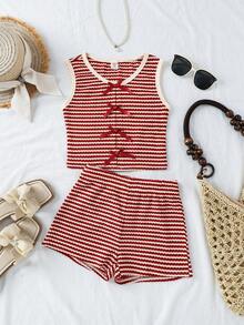 SHEIN مجموعة ملابس علوية وشورت مخطط أحمر وأبيض للبنات المراهقات، نسيج محبوك مزين بفيونكة، ملابس أساسية كاجوال للربيع/الصيف، مناسبة للعودة إلى المدرسة والمهرجانات والعطلات - الأحمر - مشاهدة 8