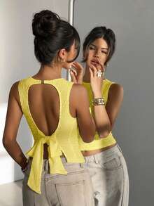 Aloruh Áo croptop nữ cổ tròn không tay, chất liệu dệt kim, màu trắng trơn, kiểu dáng thường ngày. - Vàng nhạt - Xem 6