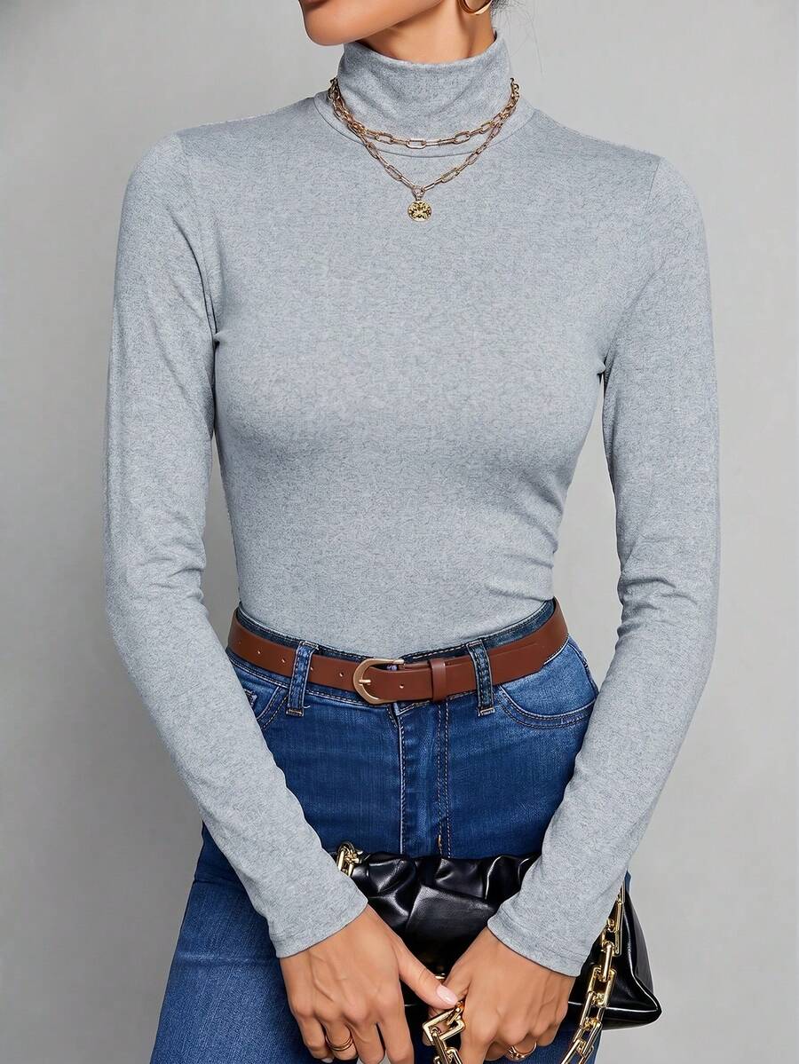 SHEIN Tall 簡約純色修身高領白色上衣,適合秋冬與夏季,適合高個女性 - 淺灰色 - 查看 1