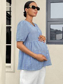 MaterniWear Áo bầu cổ chữ V cài một hàng khuy, xếp ly, kiểu dáng thường ngày, đa năng. - Màu xanh lam - Xem 5