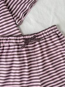 SHEIN 少女T恤套装，休闲运动宽松落肩条纹T恤和短裤套装，夏季 - 彩色 - 查看 4